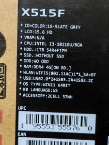 Asus X515F intel i3-10th gen 1TB HDD 4RAM 15.6” win11 cor: cinzento